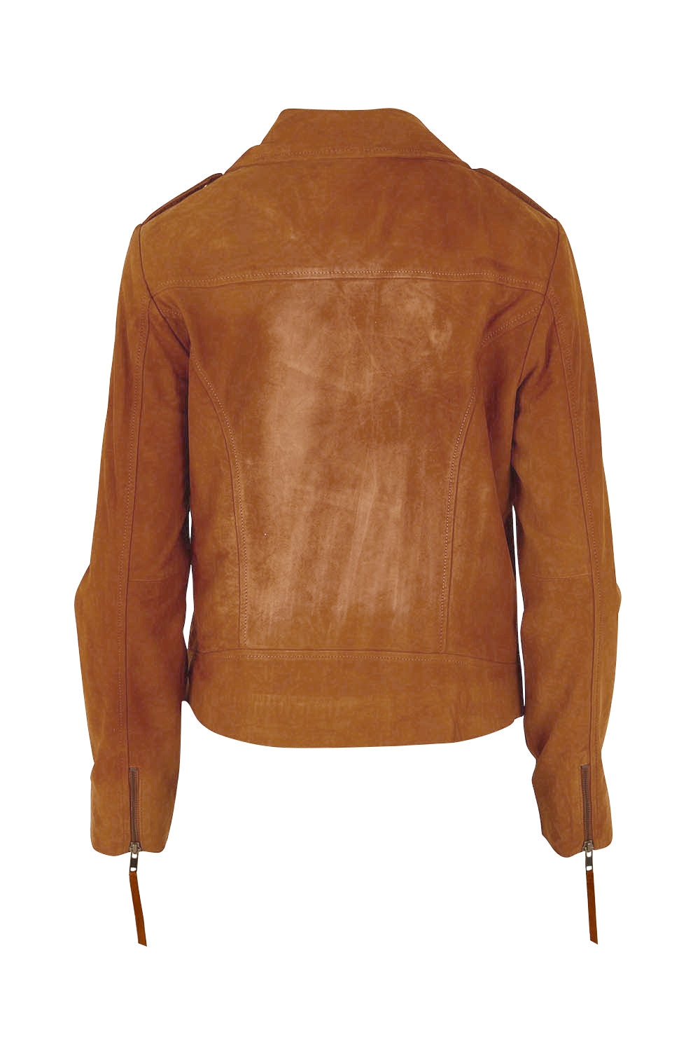 Product shot of the Come As You Are Suede Jacket in colour Tan, from the back