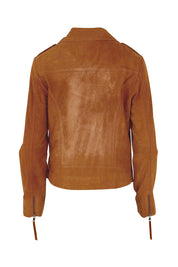 Product shot of the Come As You Are Suede Jacket in colour Tan, from the back