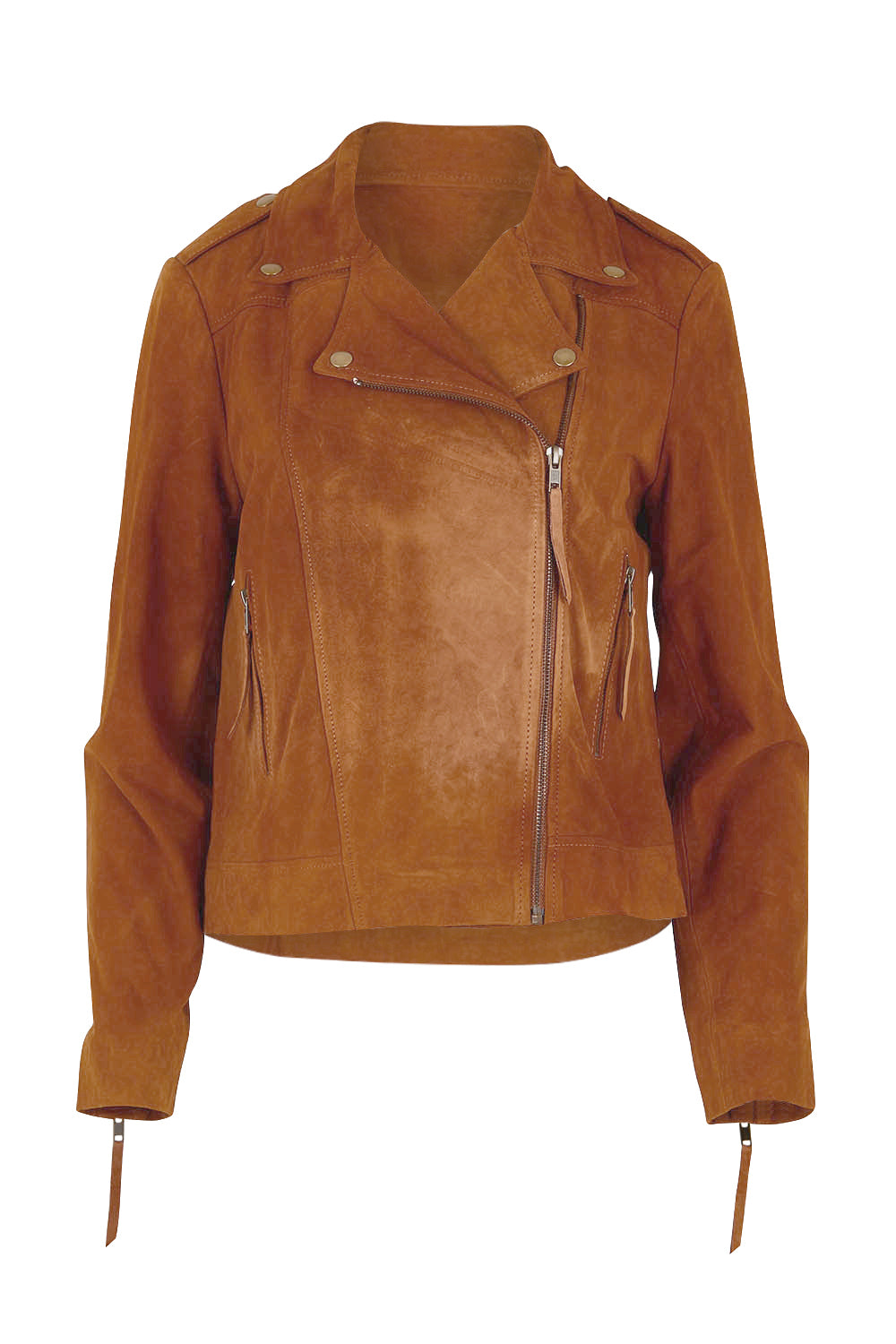 Product shot of the Come As You Are Suede Jacket in colour Tan, from the front