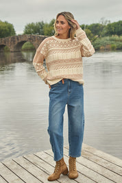 Model Tegan wearing size 10 of the For All The Days Jeans in colour Denim (Blue), from the front, showing the whole outfit