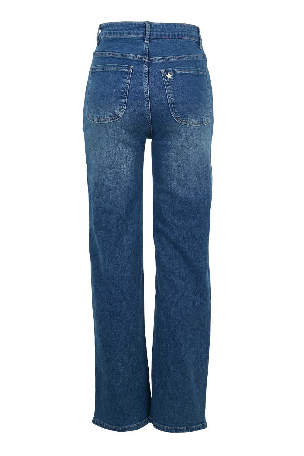 Product shot of the Pleased To Meet You Jeans in colour Denim (Blue), from the back