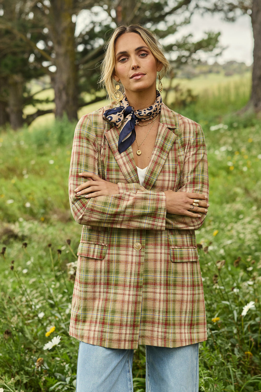 Model Tegan wearing size 10 of the Check Me Out Cotton Blazer in colour Check (Green), from the front, showing the whole outfit