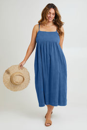 Model Laura wearing size 14 of the Feels Like Sunshine Cotton Dress in colour Dutchblue (Blue), from the front, showing the whole outfit