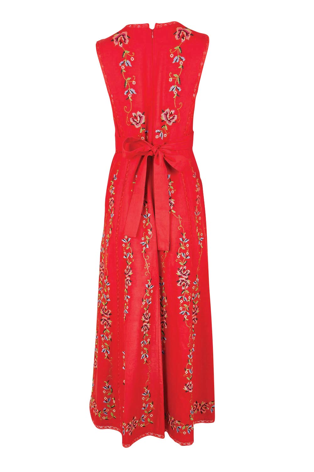 Product shot of the Fleur Muse Embroidered Dress – Red in colour Red, from the back