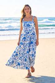 Model Tegan wearing size 10 of the Summer Fun Cotton Maxi Dress in colour Bluefleur (Blue), from the front, showing the whole outfit