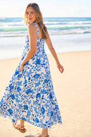 Model Tegan wearing size 10 of the Summer Fun Cotton Maxi Dress in colour Bluefleur (Blue), from the front, showing the whole outfit