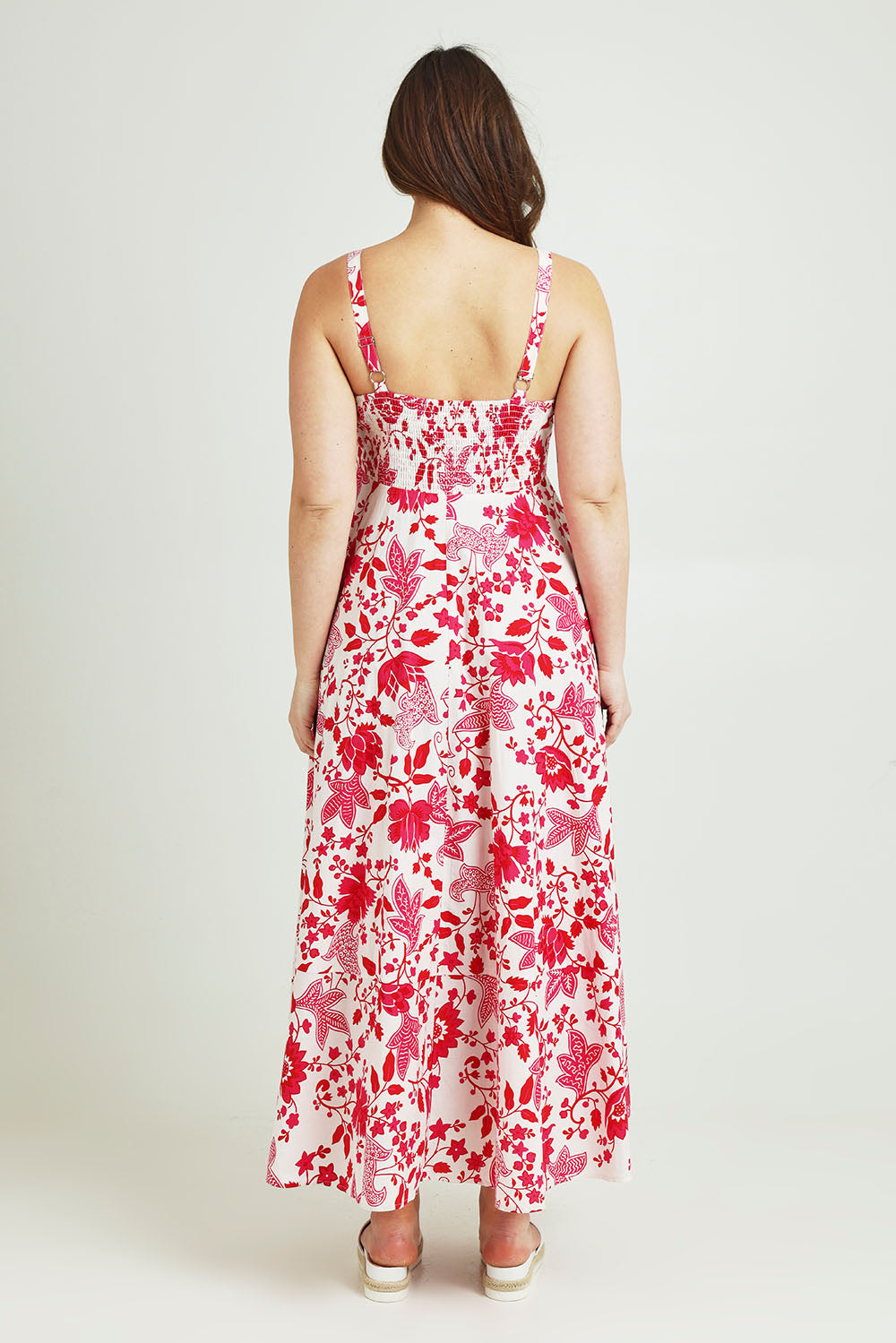 Model Jane wearing size 14 of the Summer Fun Cotton Maxi Dress in colour Pinkred (Red), from the back
