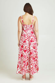 Model Jane wearing size 14 of the Summer Fun Cotton Maxi Dress in colour Pinkred (Red), from the back