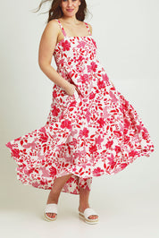 Model Jane wearing size 14 of the Summer Fun Cotton Maxi Dress in colour Pinkred (Red), from the front, cropped image