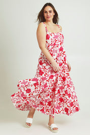 Model Jane wearing size 14 of the Summer Fun Cotton Maxi Dress in colour Pinkred (Red), from the front, showing the whole outfit