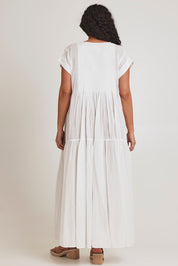 Model Terri-Leigh wearing size 14 of the Love Story Cotton Maxi Dress in colour White (White), from the back