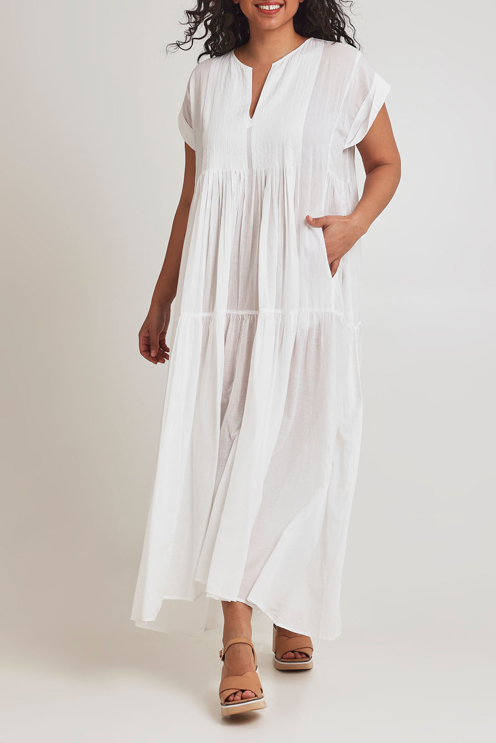 Model Terri-Leigh wearing size 14 of the Love Story Cotton Maxi Dress in colour White (White), from the front, cropped image