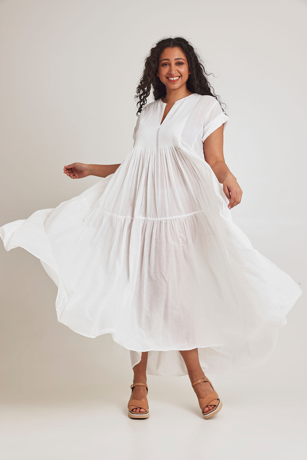 Model Terri-Leigh wearing size 14 of the Love Story Cotton Maxi Dress in colour White (White), from the front, showing the whole outfit