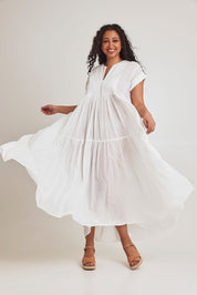 Model Terri-Leigh wearing size 14 of the Love Story Cotton Maxi Dress in colour White (White), from the front, showing the whole outfit