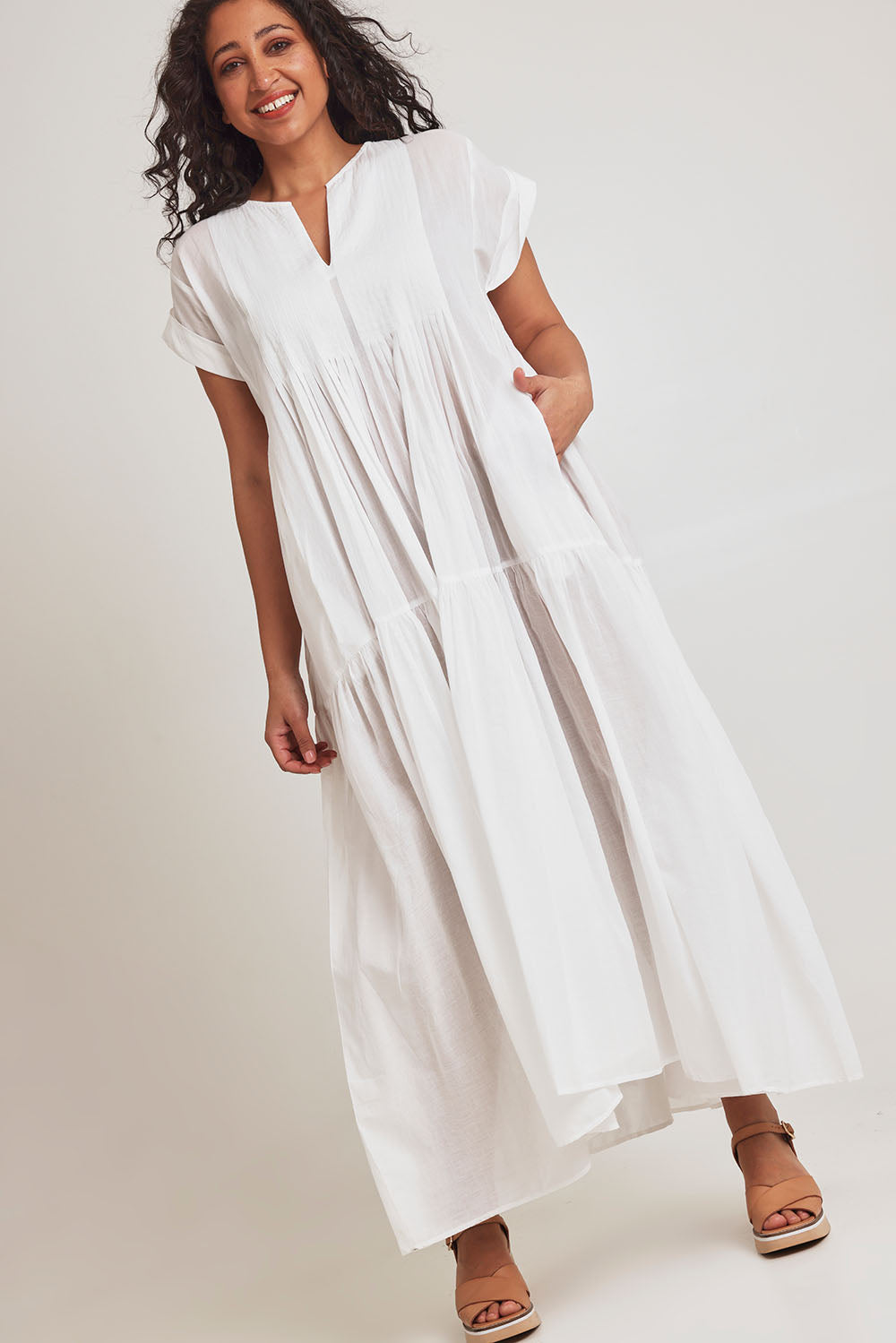 Model Terri-Leigh wearing size 14 of the Love Story Cotton Maxi Dress in colour White (White), from the front, showing the whole outfit