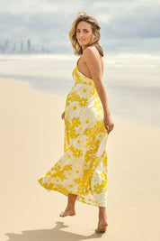 Model Tegan wearing size 10 of the Glory Days Maxi Dress in colour Sunshine, from the front, showing the whole outfit