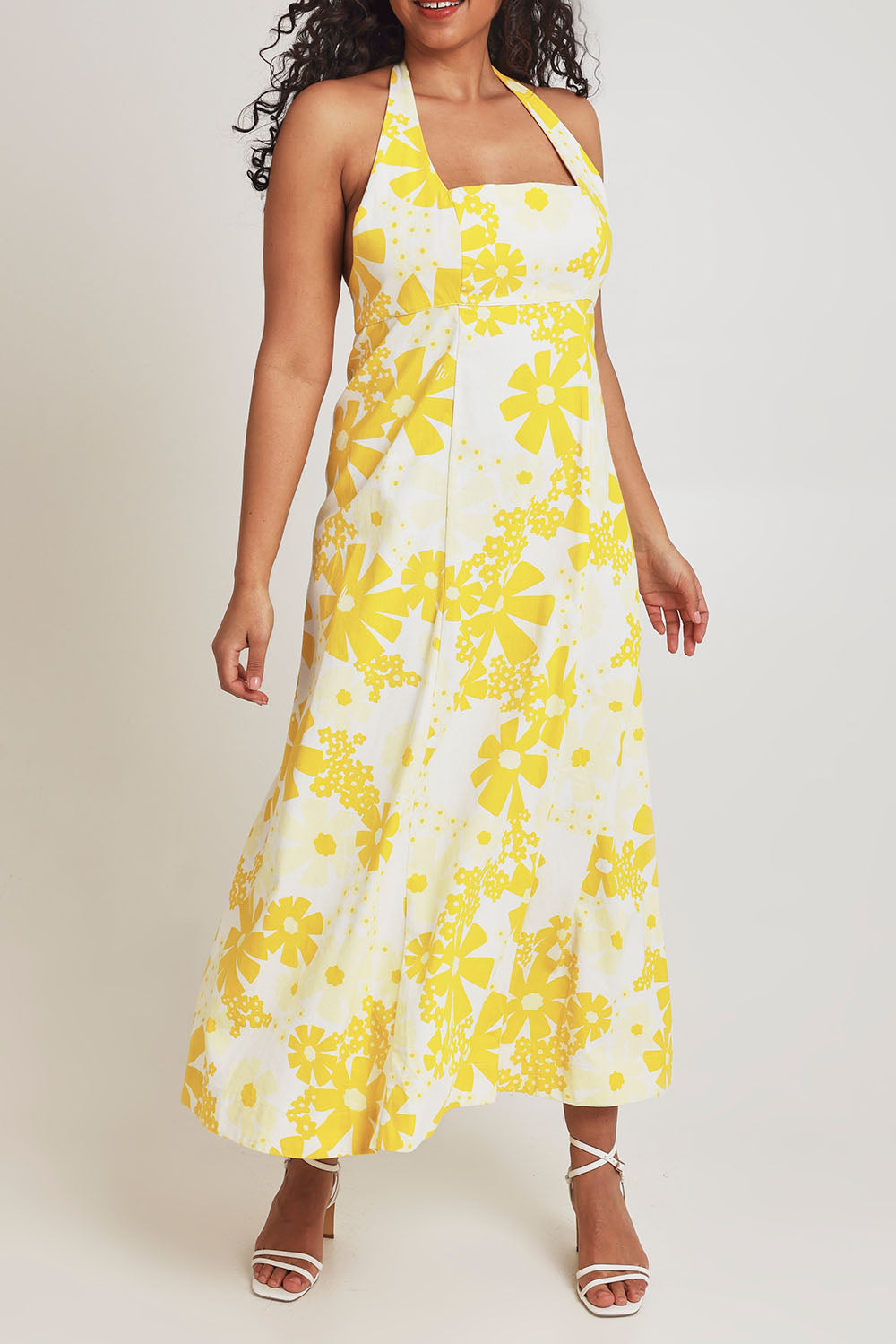 Model Terri-Leigh wearing size 14 of the Glory Days Maxi Dress in colour Sunshine, from the front, cropped image
