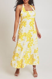 Model Terri-Leigh wearing size 14 of the Glory Days Maxi Dress in colour Sunshine, from the front, cropped image