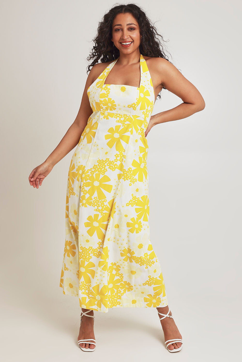 Model Terri-Leigh wearing size 14 of the Glory Days Maxi Dress in colour Sunshine, from the front, showing the whole outfit