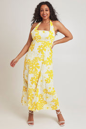 Model Terri-Leigh wearing size 14 of the Glory Days Maxi Dress in colour Sunshine, from the front, showing the whole outfit