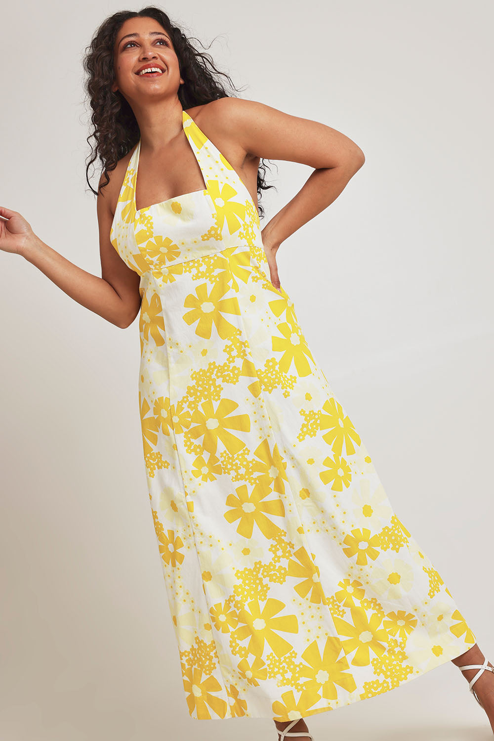 Model Terri-Leigh wearing size 14 of the Glory Days Maxi Dress in colour Sunshine, from the front, showing the whole outfit