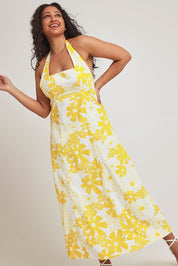 Model Terri-Leigh wearing size 14 of the Glory Days Maxi Dress in colour Sunshine, from the front, showing the whole outfit