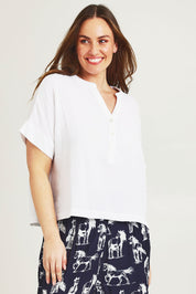 Model Jane wearing size 14 of the Grandpa And Me Cotton Top in colour White (White), from the front, cropped image