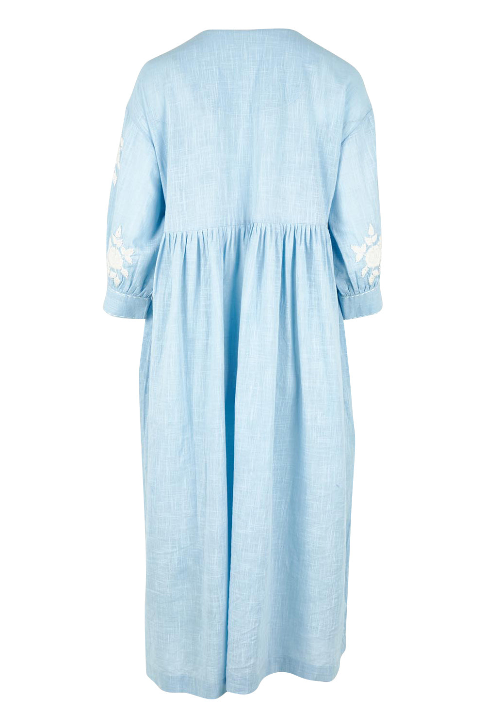 Product shot of the Day Dreaming Embroidered Dress in colour Dustyblue (Blue), from the back