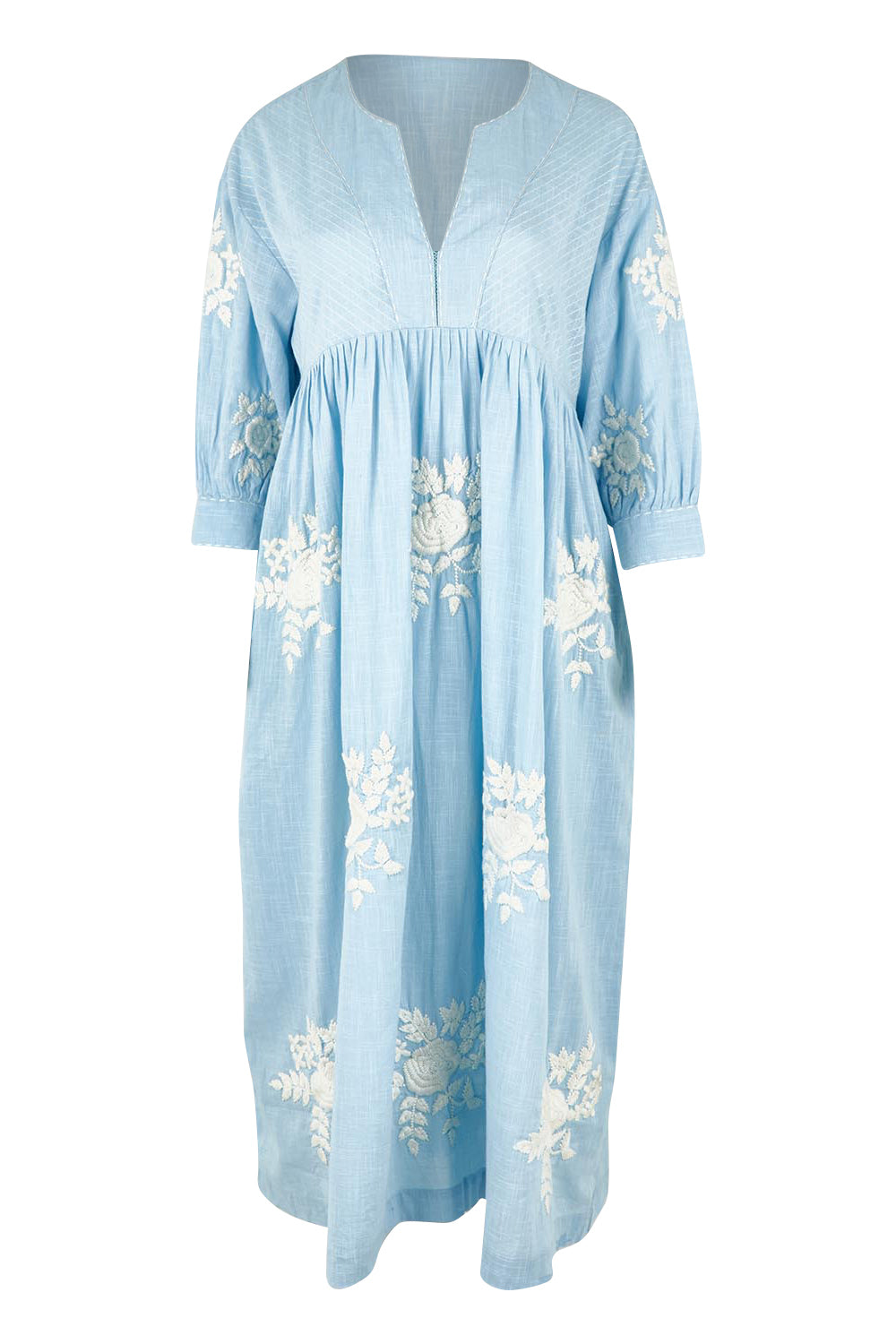 Product shot of the Day Dreaming Embroidered Dress in colour Dustyblue (Blue), from the front