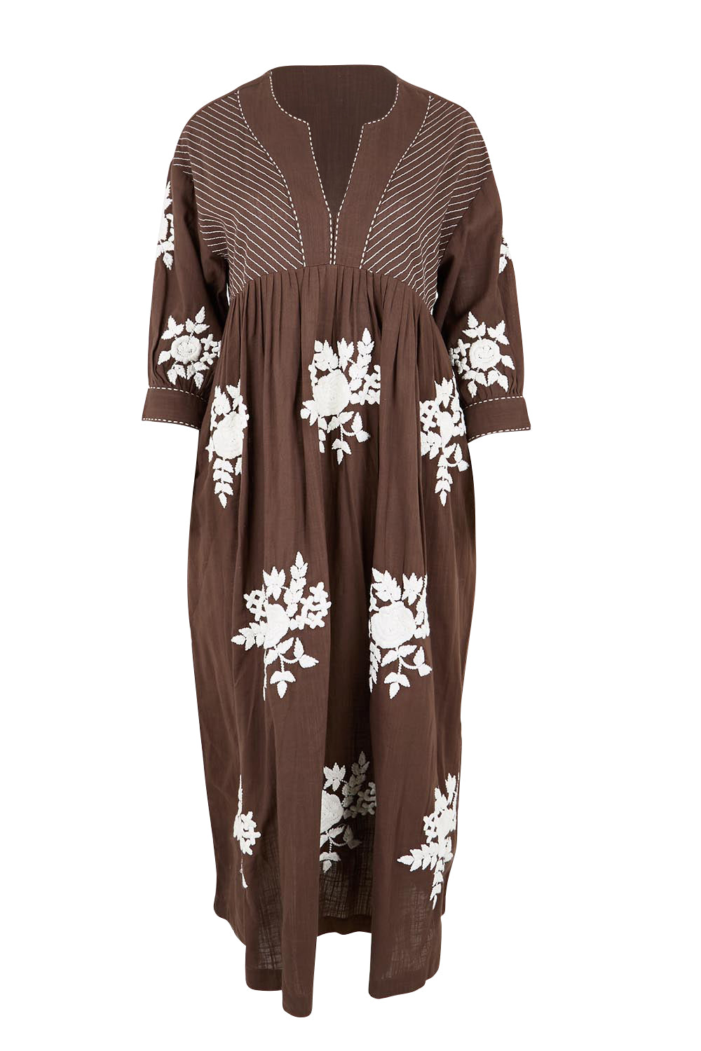 Product shot of the Day Dreaming Embroidered Dress – Dustychoc in colour Dustychoc, from the front