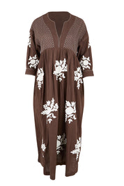 Product shot of the Day Dreaming Embroidered Dress – Dustychoc in colour Dustychoc, from the front