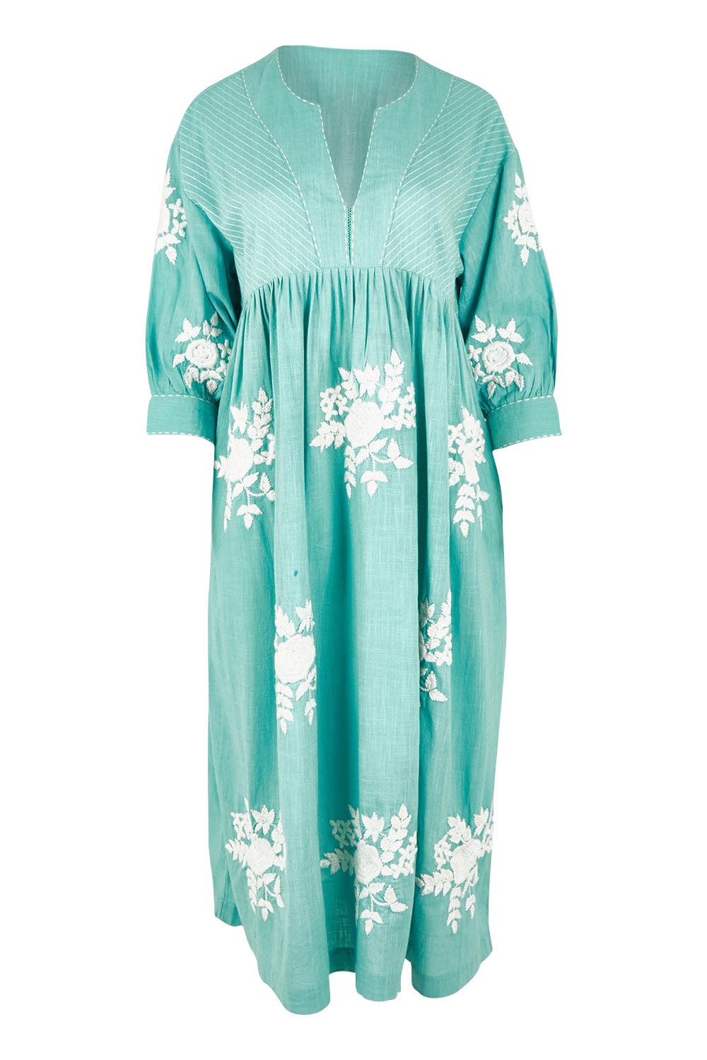 Product shot of the Day Dreaming Embroidered Dress in colour Dustygreen (Green), from the front
