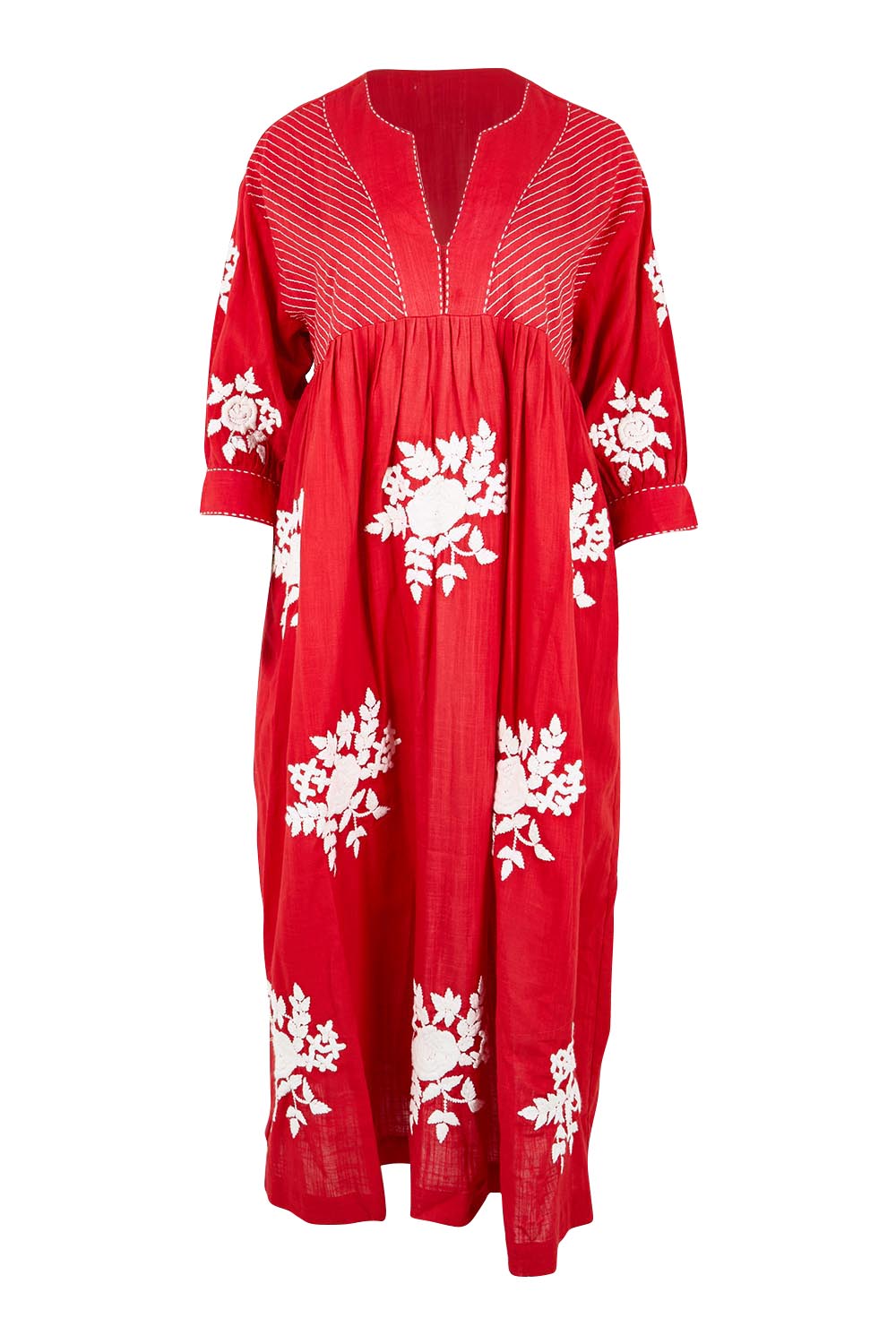 Product shot of the Day Dreaming Embroidered Dress – Dustyred in colour Dustyred, from the front