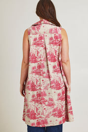 Model Jane wearing size 14 of the Toile De Jouy Vest in colour Pinktoile (Pink), from the back