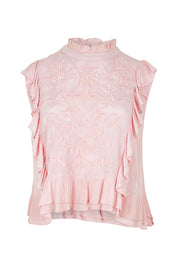 Product shot of the Easy Frills Embroidered Top in colour Blossom (Pink), from the front