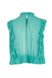 Product shot of the Easy Frills Embroidered Top in colour Pistachio (Green), from the back