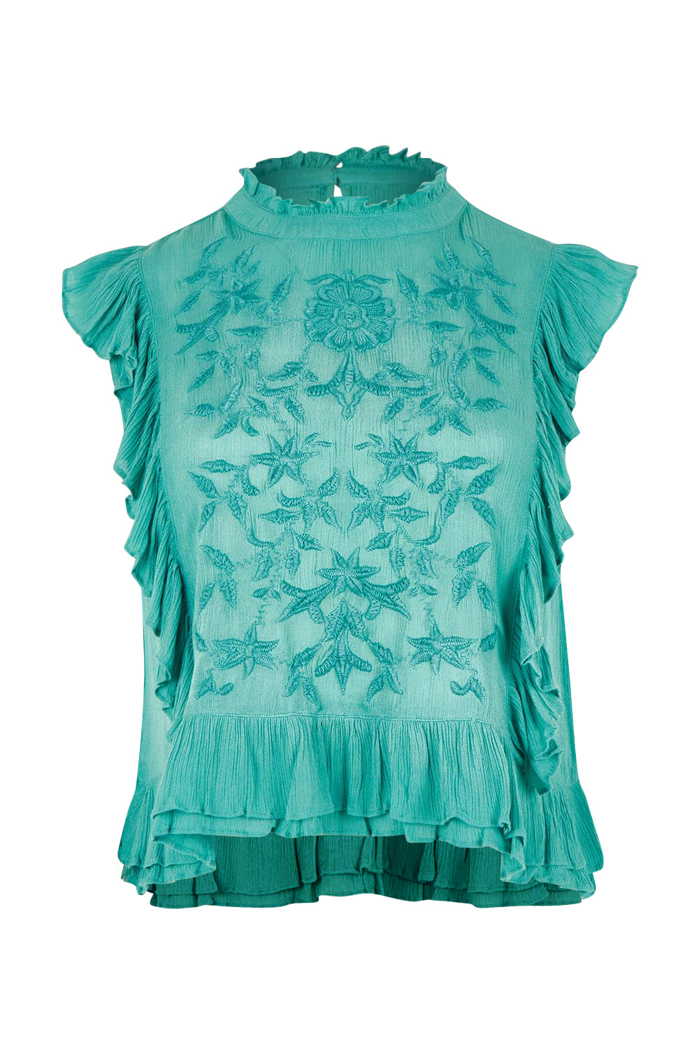 Product shot of the Easy Frills Embroidered Top in colour Pistachio (Green), from the front