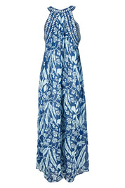 Product shot of the Garden Party Halter Neck Dress in colour Bluefleur (Blue), from the back