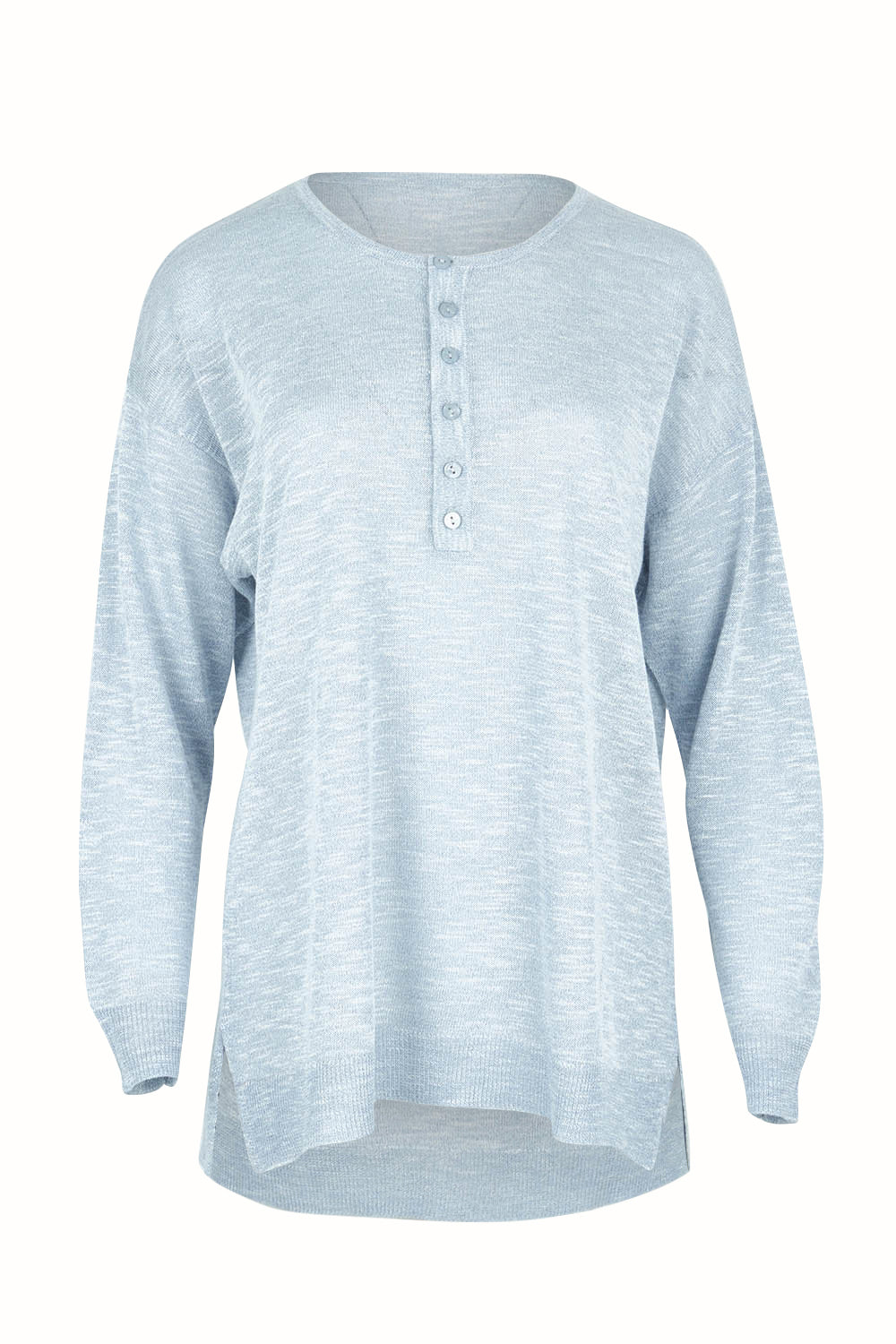 Product shot of the Go To Knit Boyfriend Henley in colour Sky (Blue), from the front