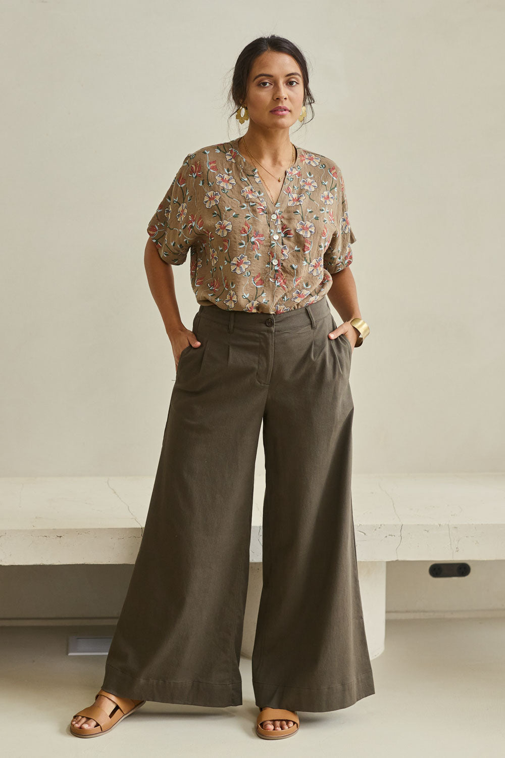 Model Tahnee wearing size 10 of the Need You In My Life Pants in colour Chocolate, from the front, showing the whole outfit