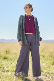 Model Tegan wearing size 10 of the Need You In My Life Pants in colour Steel (Grey), from the front, showing the whole outfit