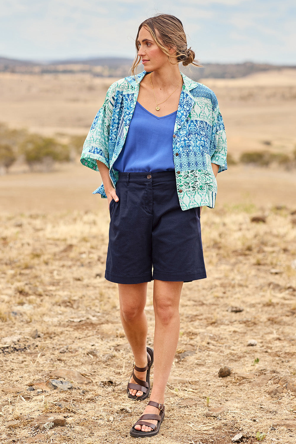 Model Tegan wearing size 10 of the Need You In My Life Shorts in colour Frenchblue (Blue), from the front, showing the whole outfit