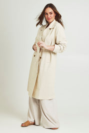 Model Jane wearing size 14 of the Summertime Love Linen Cotton Trench Coat in colour Natural, from the front, showing the whole outfit