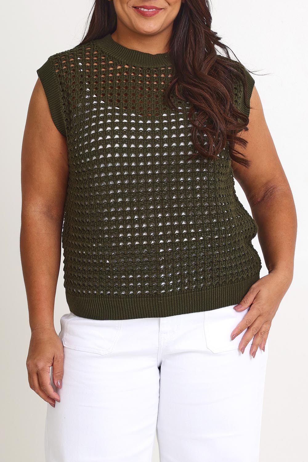 Model Ashleigh wearing size XL of the Love Language Cotton Vest in colour Forest (Green), from the front, cropped image