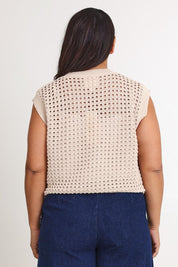 Model Ashleigh wearing size XL of the Love Language Cotton Vest in colour Natural, from the back