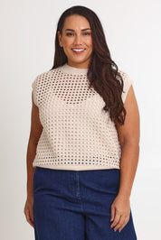 Model Ashleigh wearing size XL of the Love Language Cotton Vest in colour Natural, from the front, cropped image