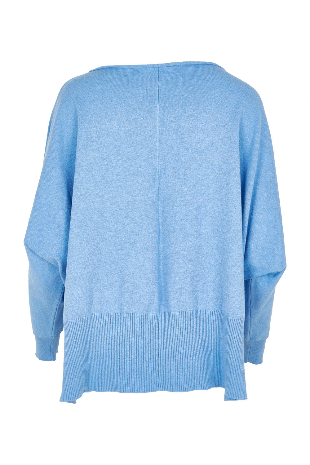 Product shot of the Have You Seam Me Cotton Cashmere Jumper in colour Bluebird (Blue), from the back