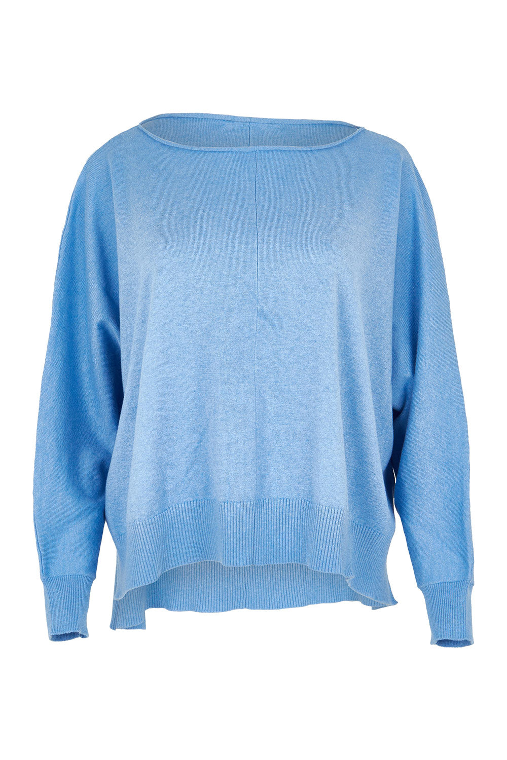 Product shot of the Have You Seam Me Cotton Cashmere Jumper in colour Bluebird (Blue), from the front