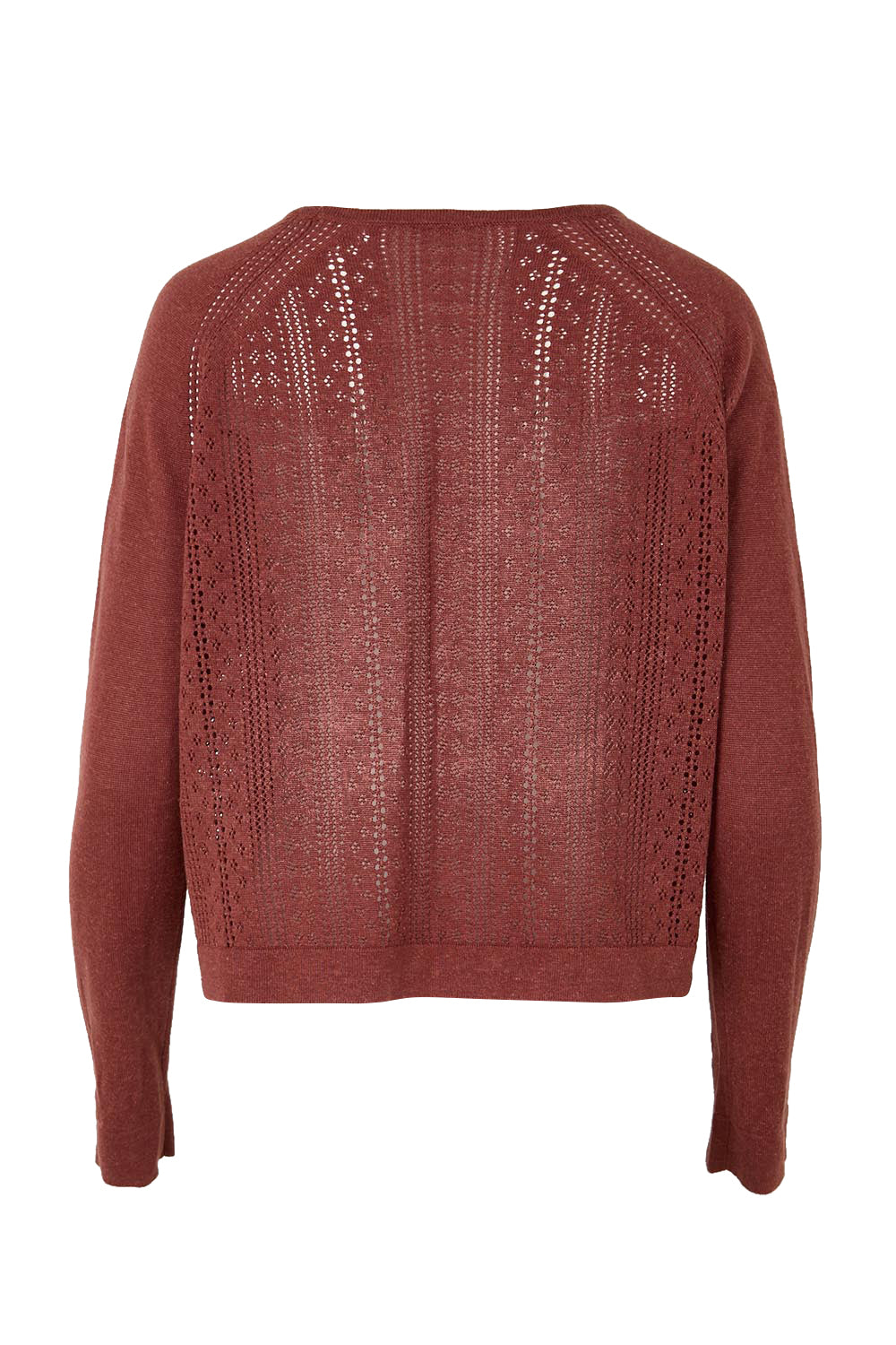 Product shot of the Pretty In Pointelle Linen Blend Cardi – Cinnamon in colour Cinnamon, from the back