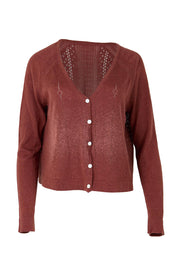 Product shot of the Pretty In Pointelle Linen Blend Cardi – Cinnamon in colour Cinnamon, from the front